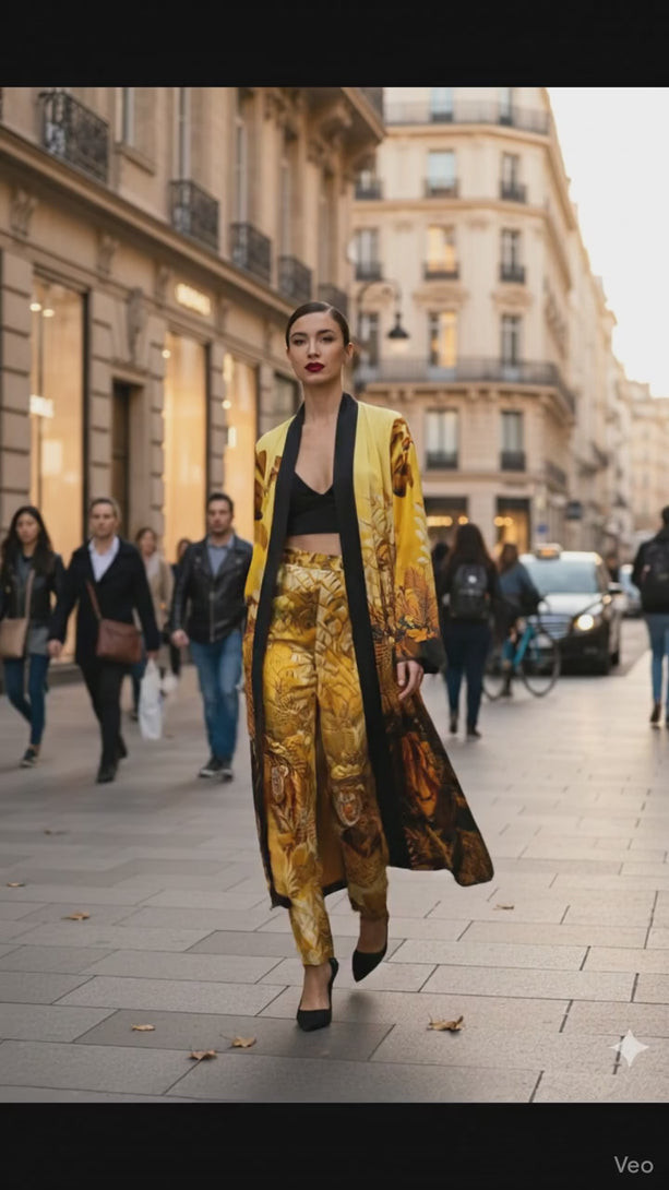 Bold Yellow Print Kimono with Matching Trousers — Kimonos