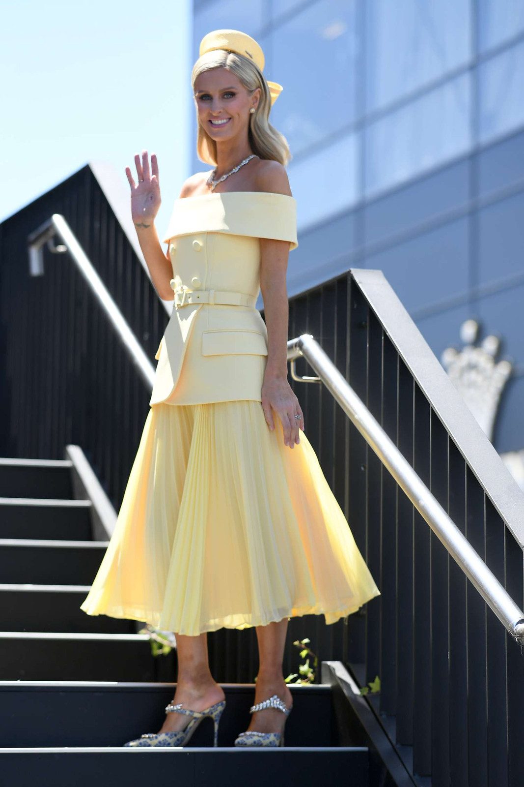 Yellow Off-the-Shoulder Jacket and Pleated Skirt Ensemble — Kentucky Derby Outfits