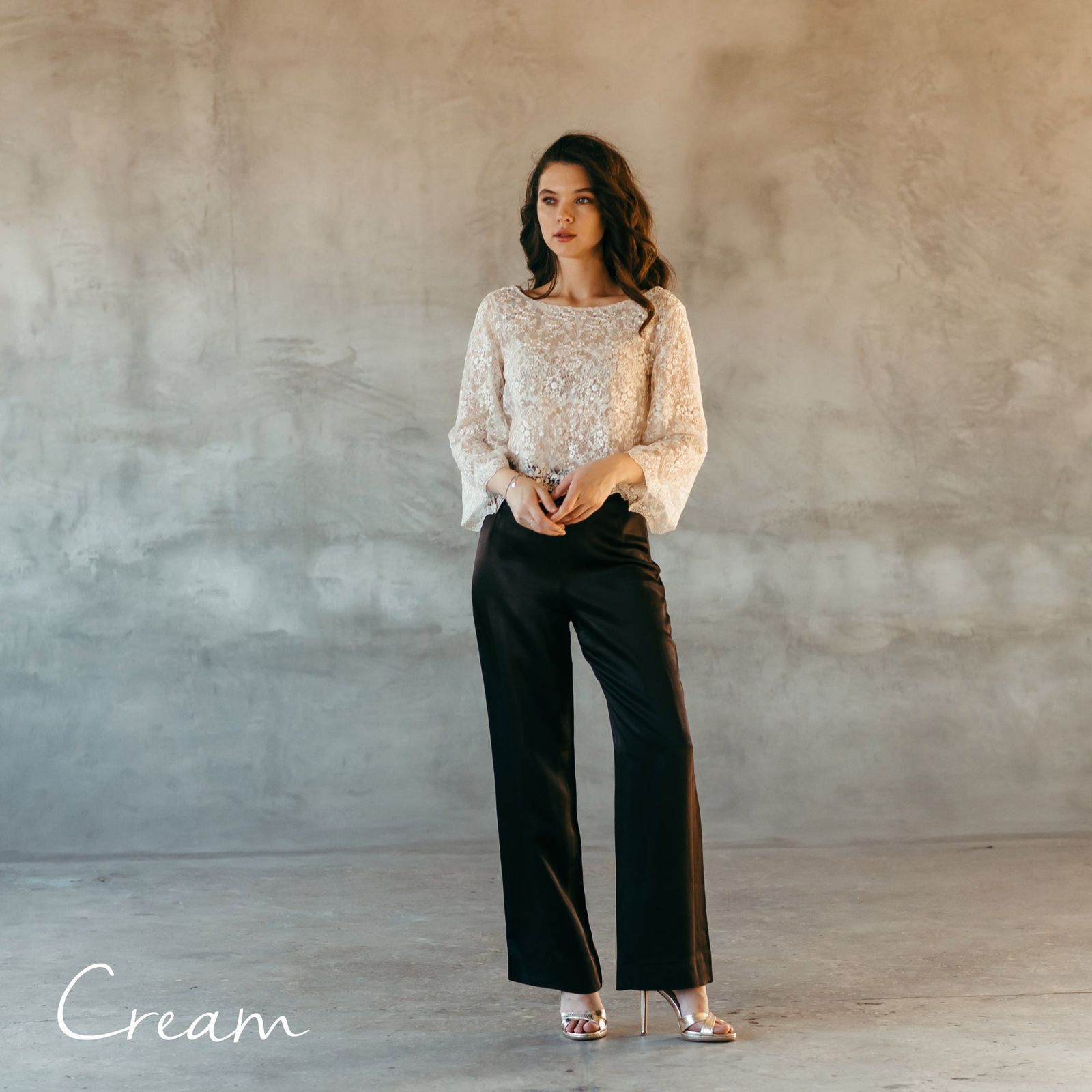 Formal Event Cream Lace Top with Satin Wide-Leg Trousers Formal Event Cream Lace Top with Satin Wide-Leg Trousers — Lace Top Outfits