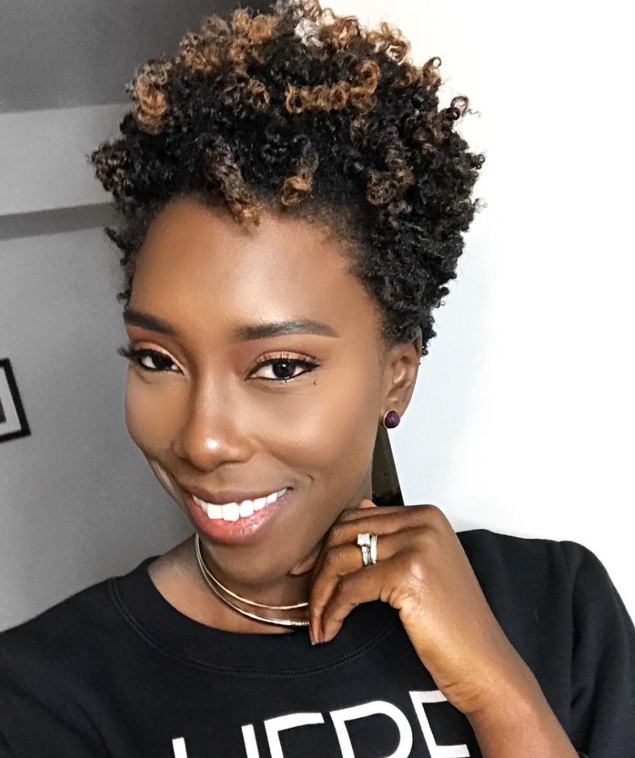 Short Coily Layers With Honey Blonde Highlights Short Coily Layers With Honey Blonde Highlights — Natural Hair Colors