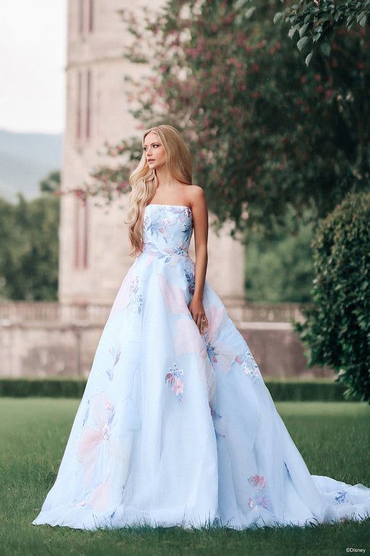 Light Blue Strapless Ball Gown with Floral Print Tulle Skirt Light Blue Strapless Ball Gown with Floral Print Tulle Skirt — Ball Gowns