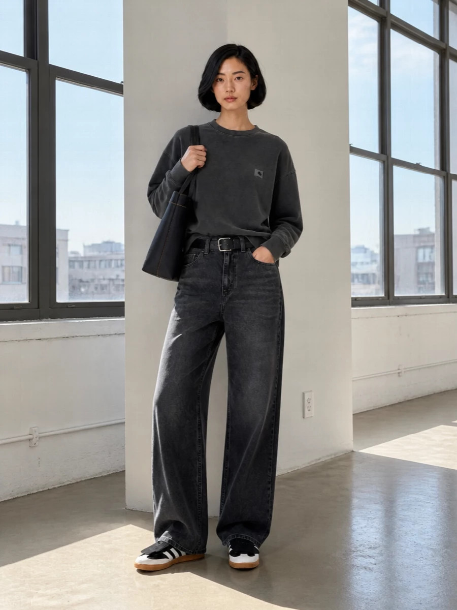Grey Carhartt Sweatshirt with Wide-Leg Jeans — Carhartt Outfits