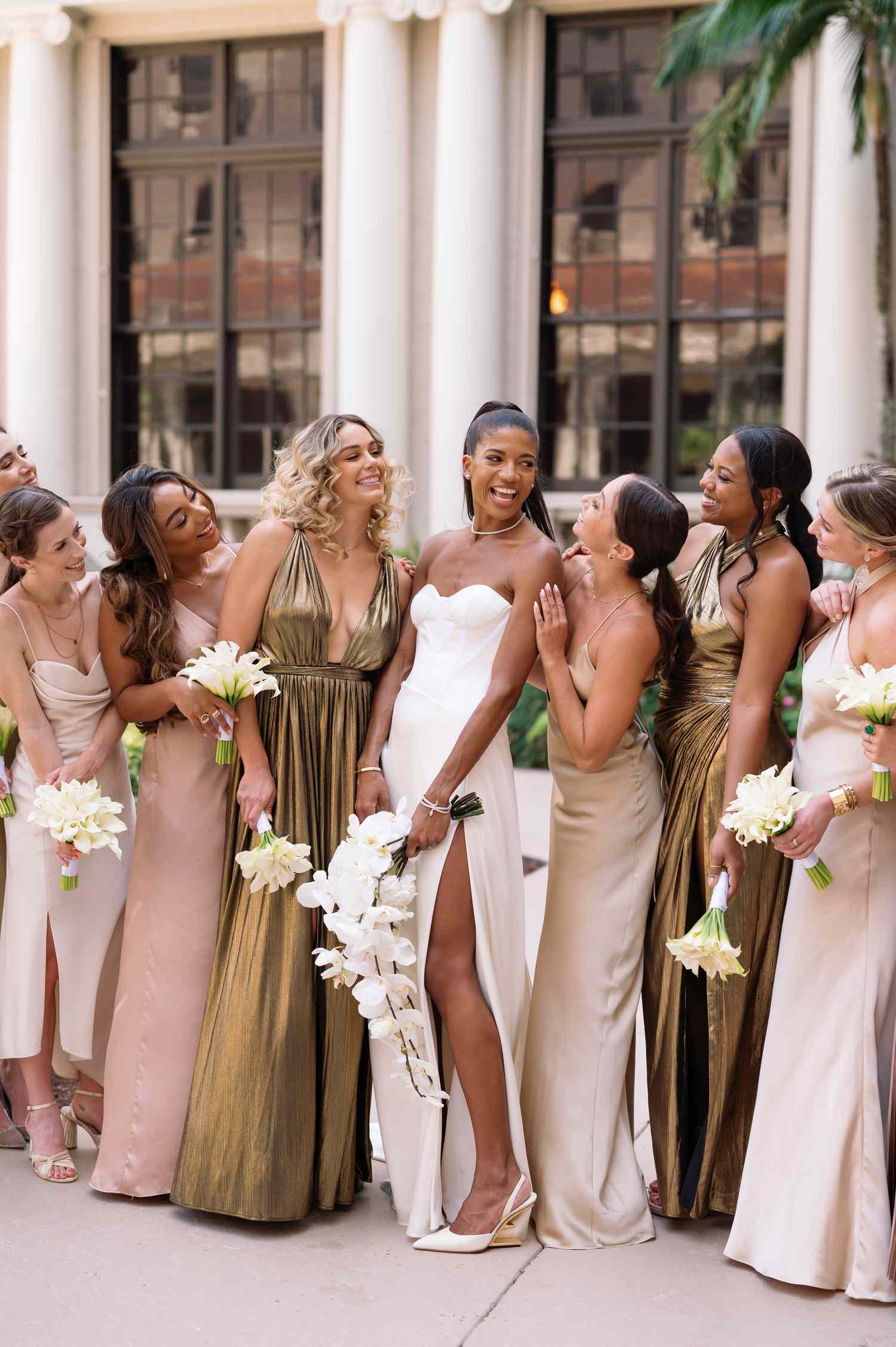 Mismatched Satin Bridesmaid Dresses in Champagne, Gold, and Rose Gold Mismatched Satin Bridesmaid Dresses in Champagne, Gold, and Rose Gold