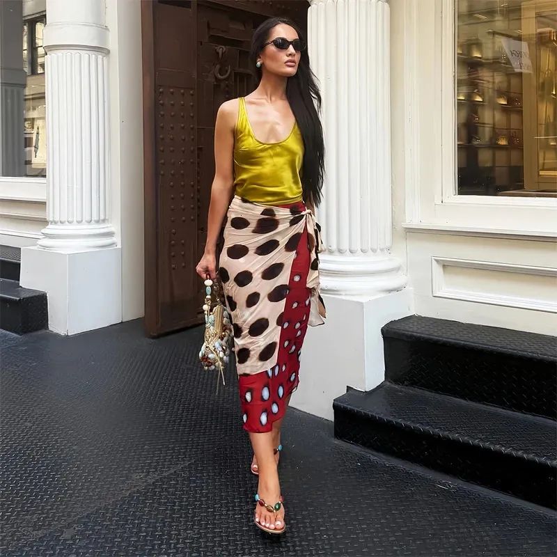 Patterned Wrap Skirt with Satin Tank Top Patterned Wrap Skirt with Satin Tank Top — Wrap Skirt Outfits