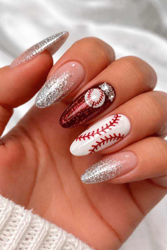 Stiletto Sparkle with Baseball Stitch Stiletto Sparkle with Baseball Stitch — Baseball Mom Nails