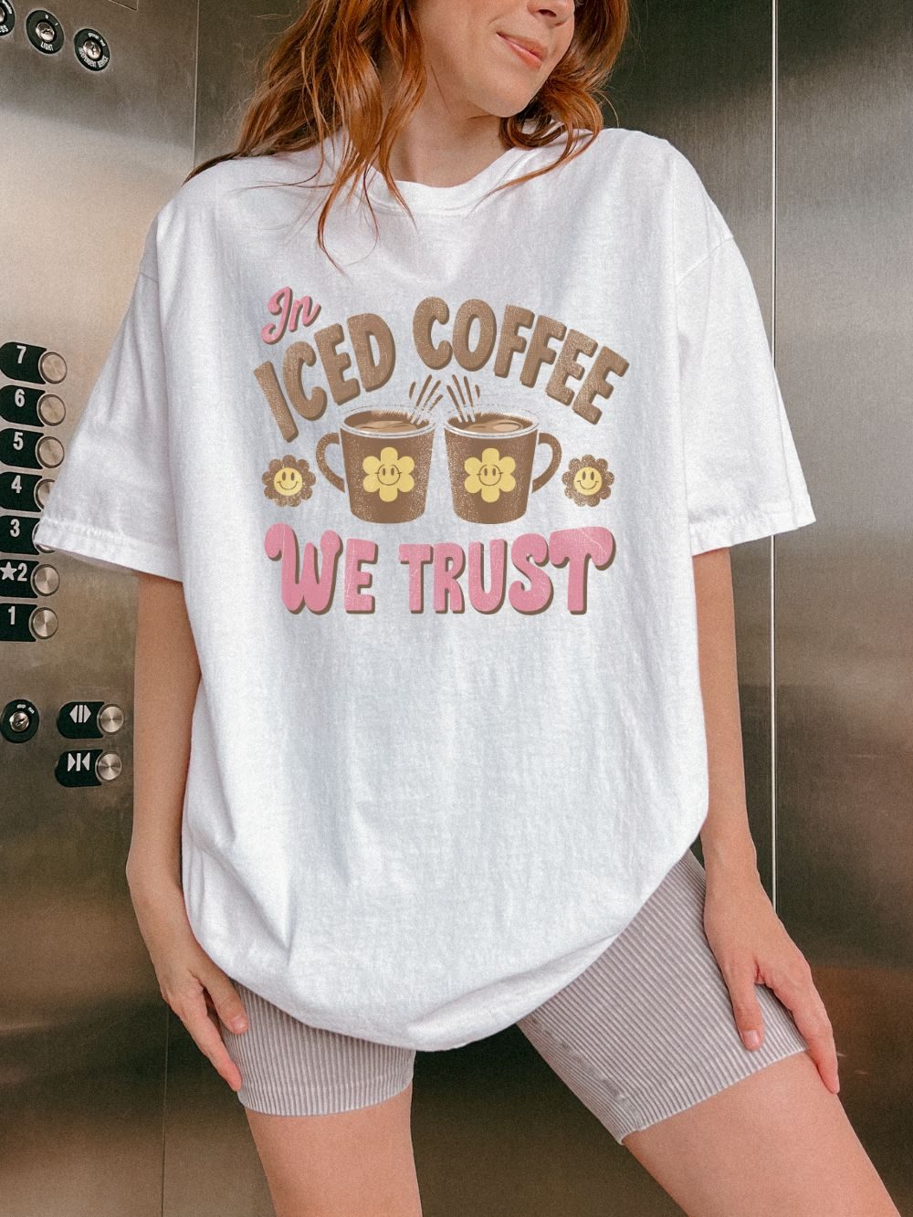Oversized 'In Iced Coffee We Trust' Tee with Bike Shorts Oversized 'In Iced Coffee We Trust' Tee with Bike Shorts — Graphic Tees
