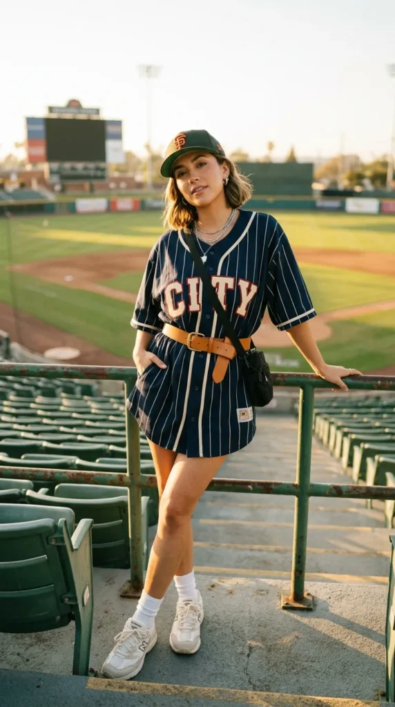 Pinstripe Baseball Jersey Dress with a Belt — Baseball Game Outfits