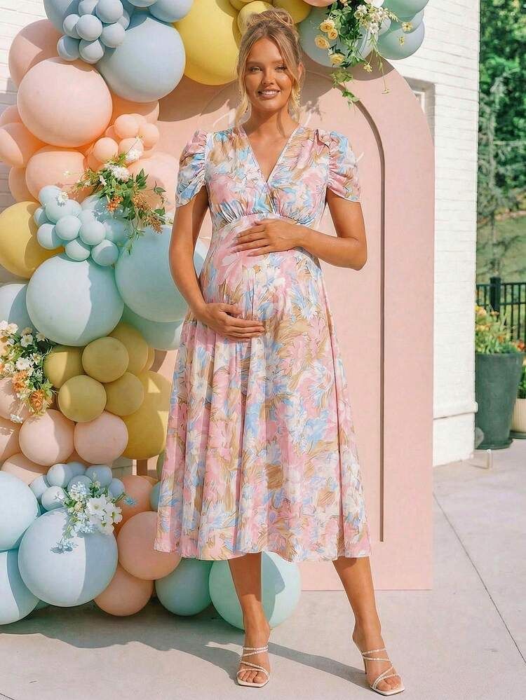 Floral Print Fit-and-Flare Midi Dress with Petal Sleeves for a Charming Baby Shower Floral Print Fit-and-Flare Midi Dress with Petal Sleeves for a Charming Baby Shower — Baby Shower Dresses