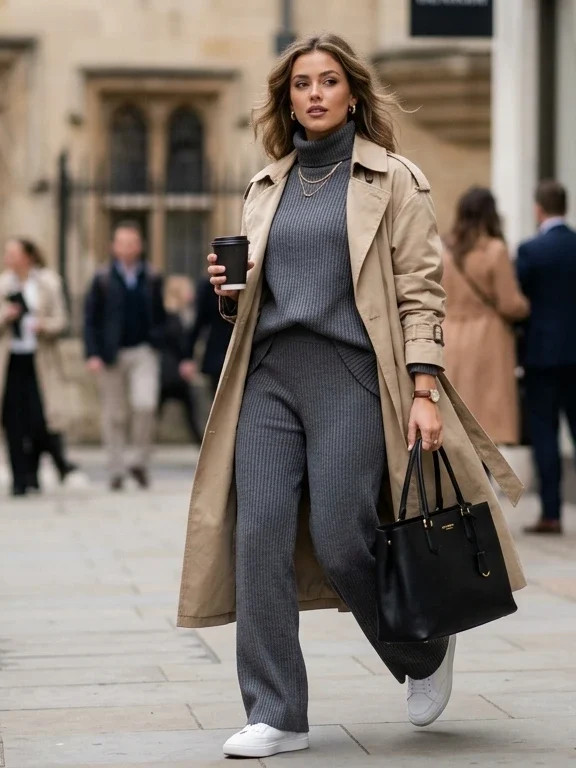 Grey Knit Set and Trench Coat for Casual Corporate Chic Grey Knit Set and Trench Coat for Casual Corporate Chic — Corporate Baddie Outfits