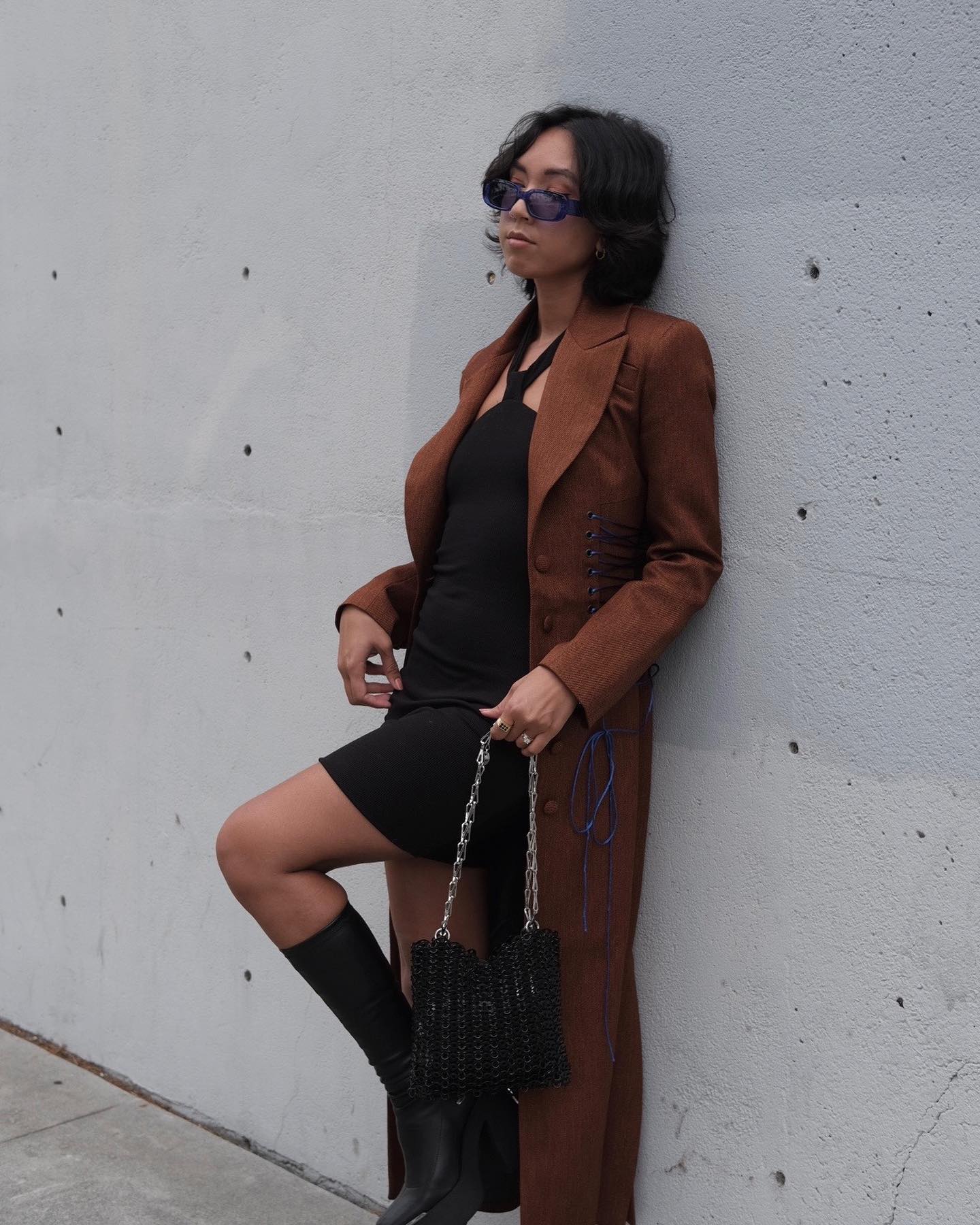 Camel Brown Coat Over Black Dress and Tights Camel Brown Coat Over Black Dress and Tights — Black and Brown Outfits