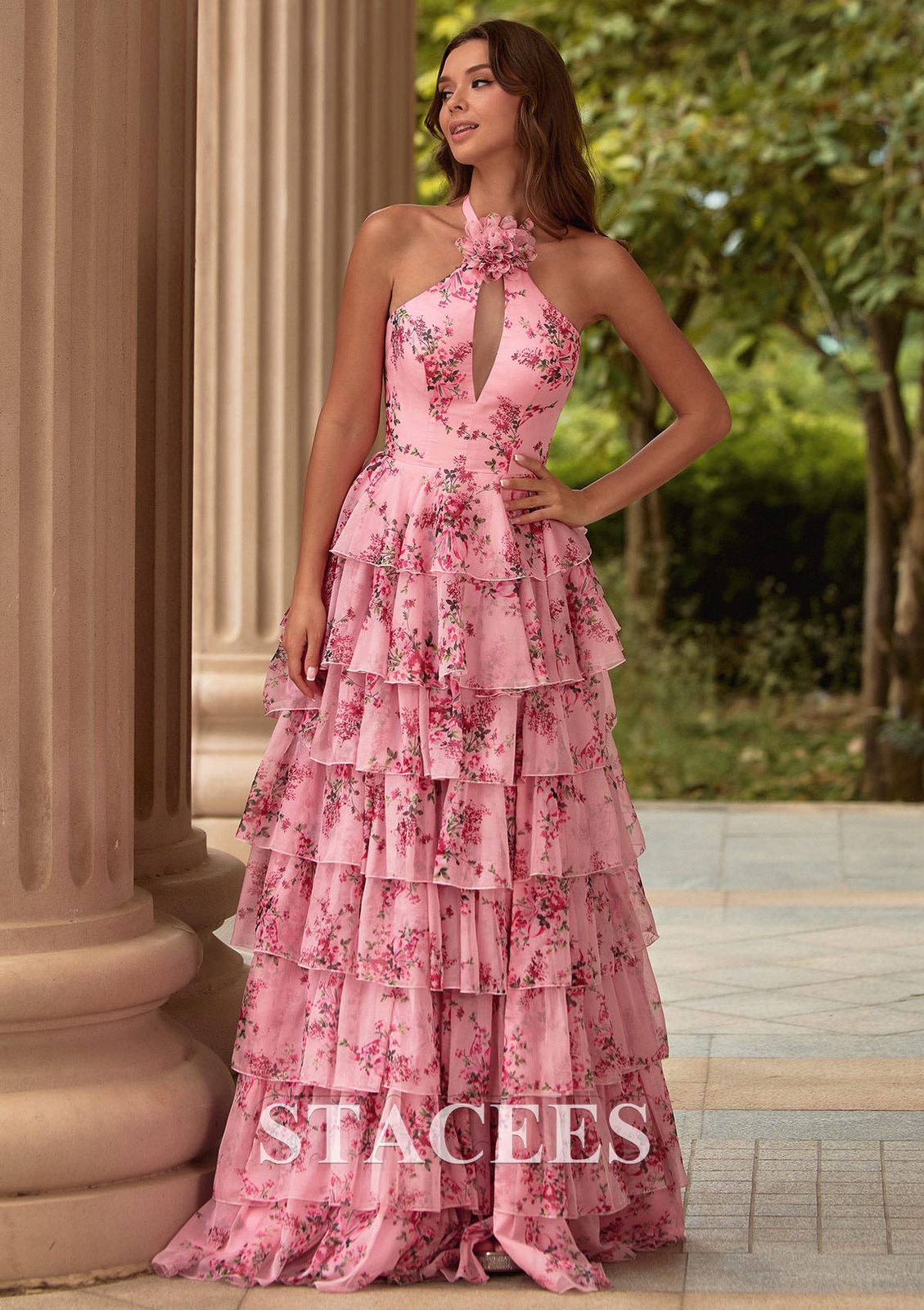 Halter Neck Floral Tiered Prom Dress — Tiered Dresses