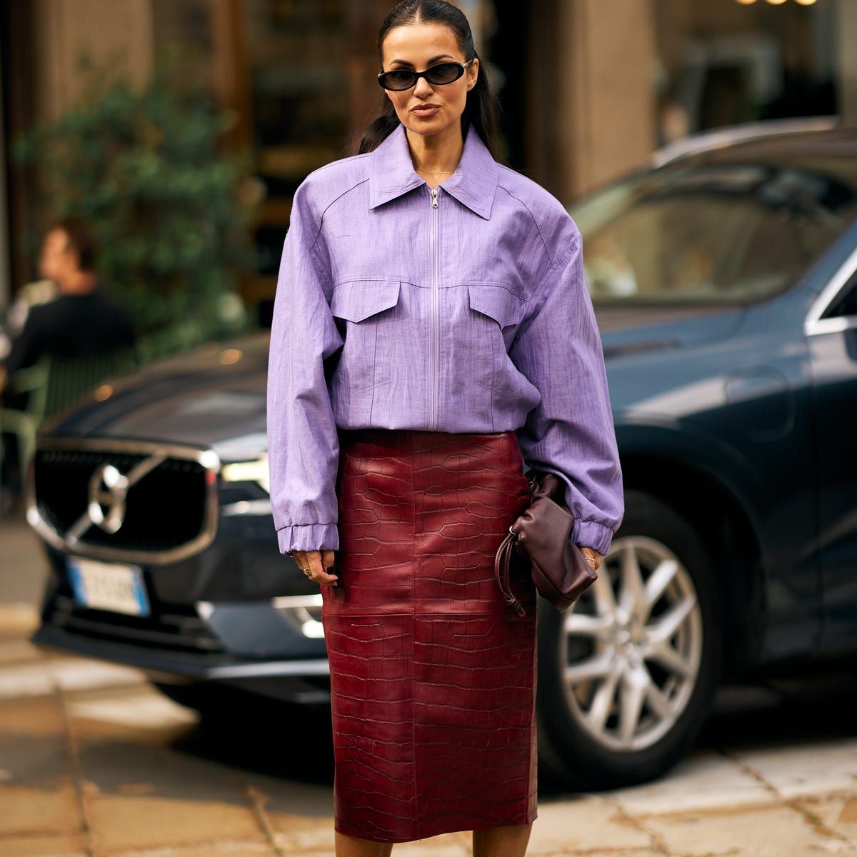 Burgundy Embossed Leather Pencil Skirt with Oversized Jacket — Pencil Skirt Outfits