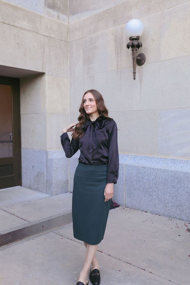 Sophisticated Statement: Bow-Neck Blouse and Pencil Skirt Sophisticated Statement: Bow-Neck Blouse and Pencil Skirt — Meet the Teacher Outfits