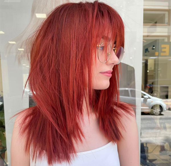 Bright Red Choppy Layers With Full Bangs — Bright Red Hair