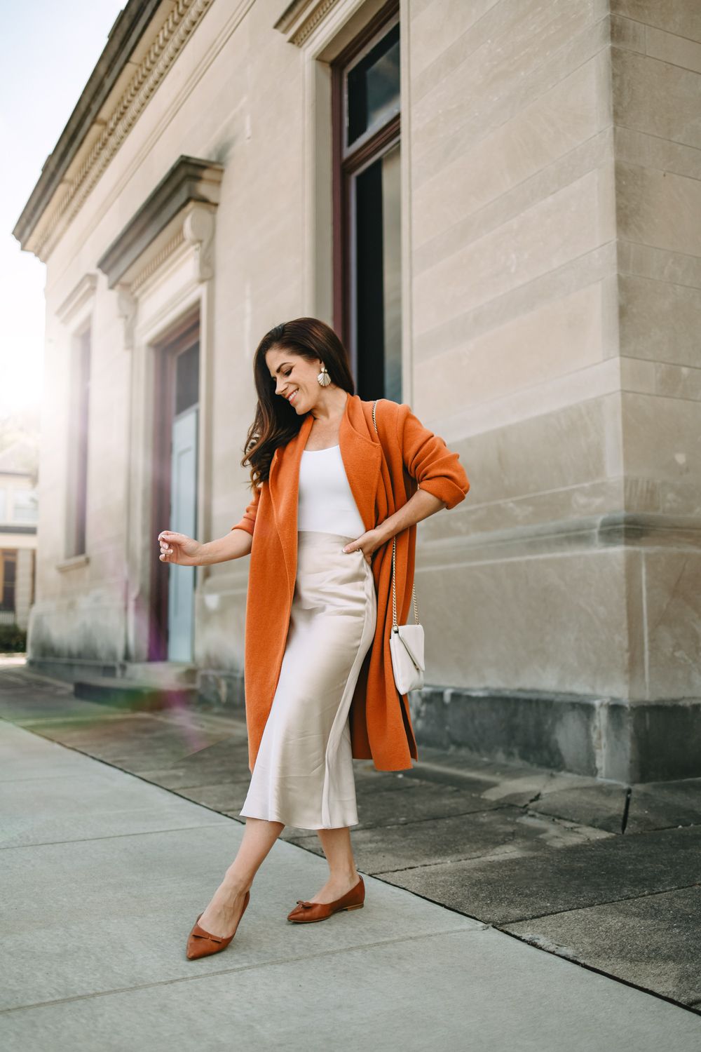 Cream Slip Skirt and Orange Coat Combination — Slip Skirt Outfits
