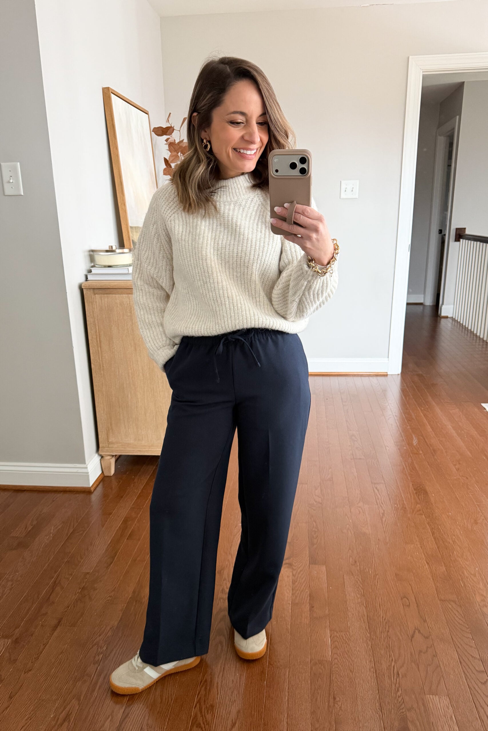 Cream Knit Sweater and Navy Trousers for Casual Comfort — Aritzia Outfits
