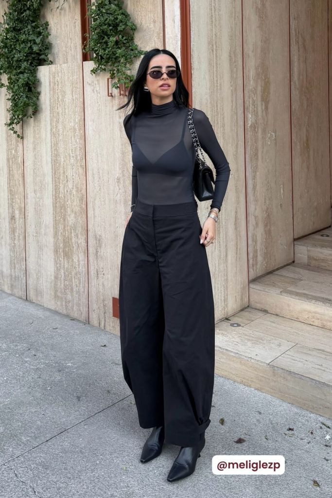 Sheer Black Turtleneck with Voluminous Pants — Sheer Top Outfits