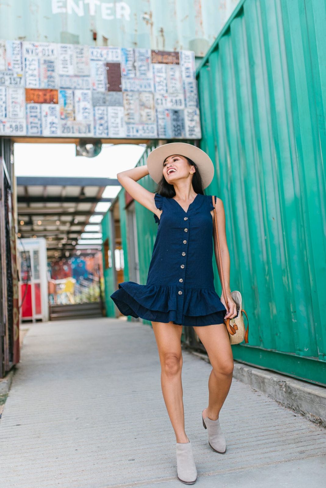 Navy Button-Front Dress with Tan Hat and Grey Ankle Boots Navy Button-Front Dress with Tan Hat and Grey Ankle Boots — Texas Outfits