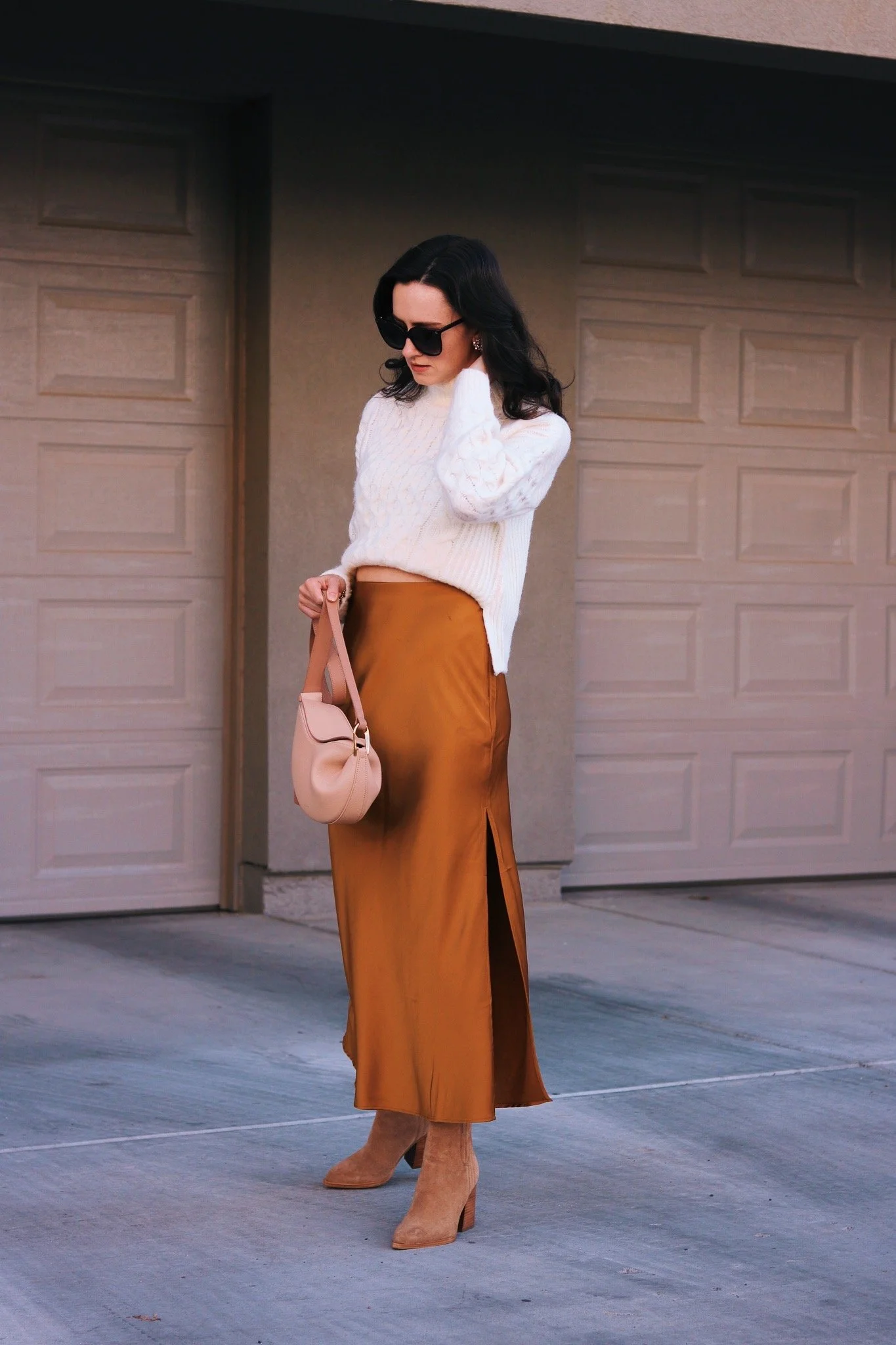Satin Maxi Skirt Paired with Cozy Knit Sweater — Long Skirt Outfits