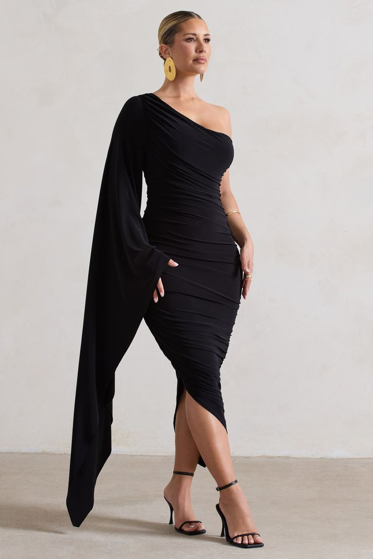 Black One-Shoulder Ruched Dress with Cape Sleeve — Dresses for Big Bust
