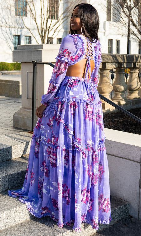 Flowing Purple Floral Maxi Dress with Lace-Up Back — Cruise Dresses