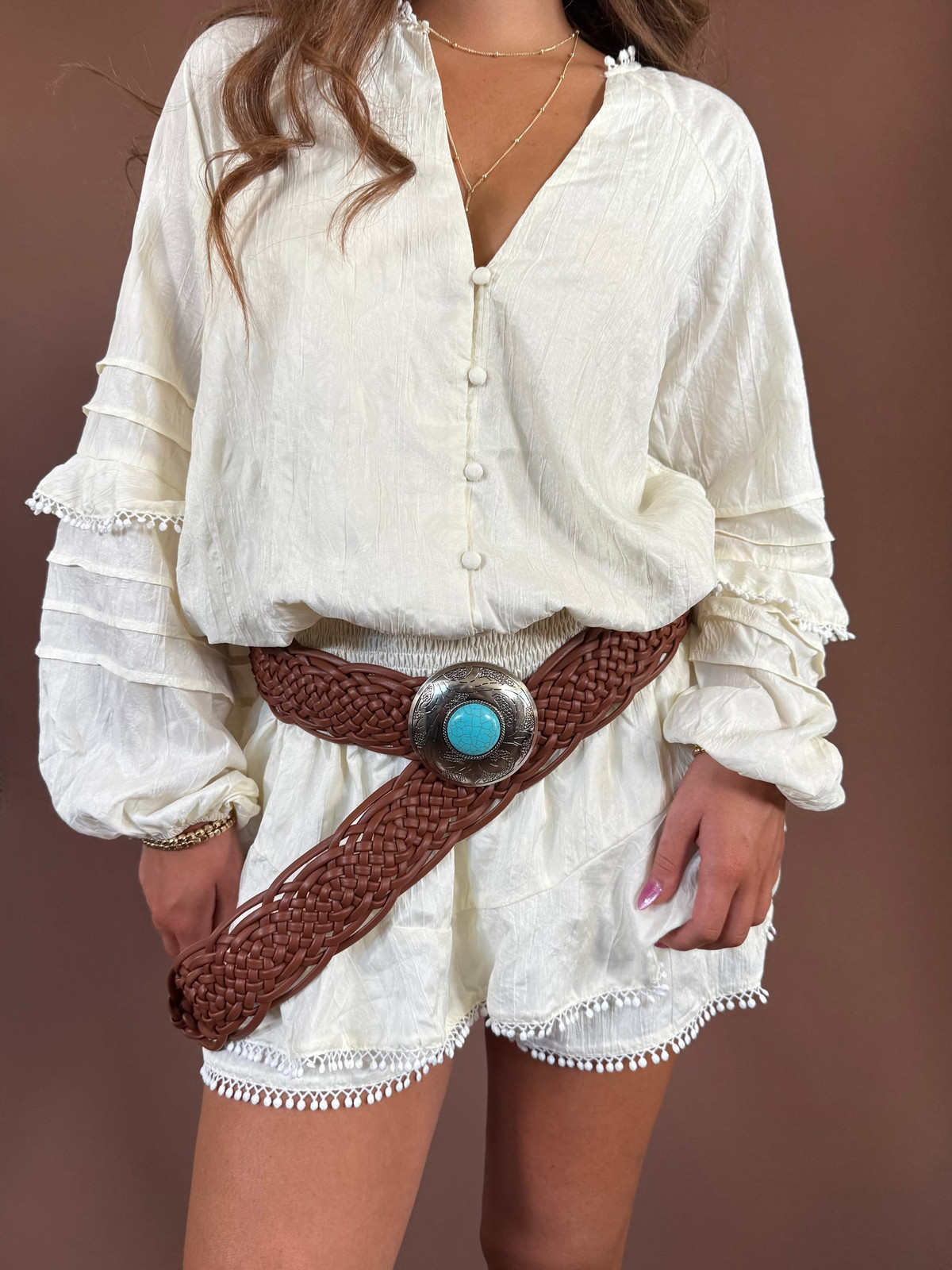 Braided Leather Belt with Turquoise Accent on a White Textured Ensemble — Western Belt Outfits