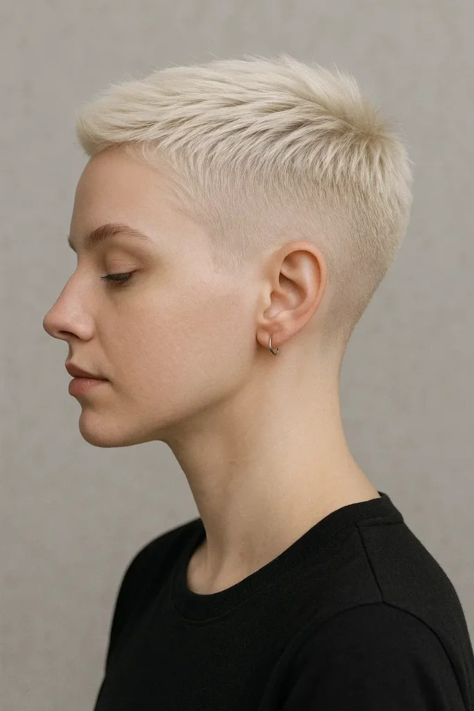 Platinum Pixie Crop With Taper Fade Platinum Pixie Crop With Taper Fade — Low Taper Fade