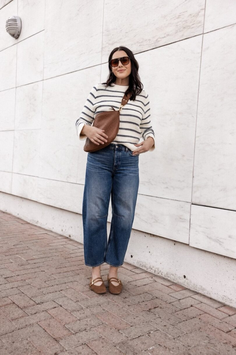 Striped Sweater with Barrel Jeans and Ballet Flats Striped Sweater with Barrel Jeans and Ballet Flats — Madewell Outfits