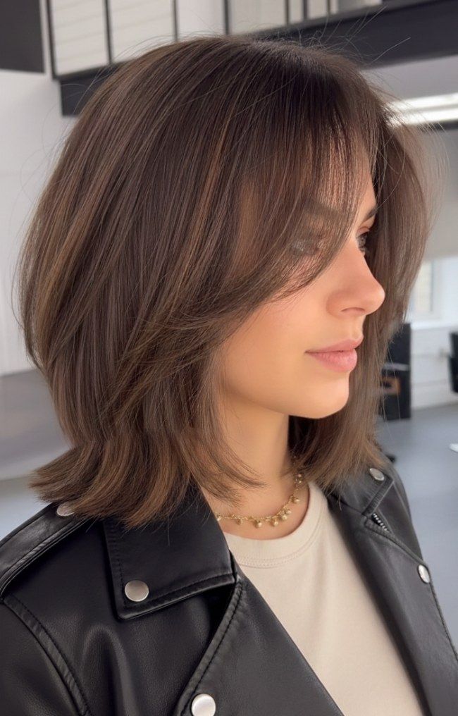 Mocha Brown Bob With Curtain Bangs — Layered Bob
