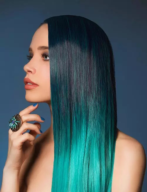 Sleek Mid-Back With Vibrant Teal Ombre — Two Tone Hair