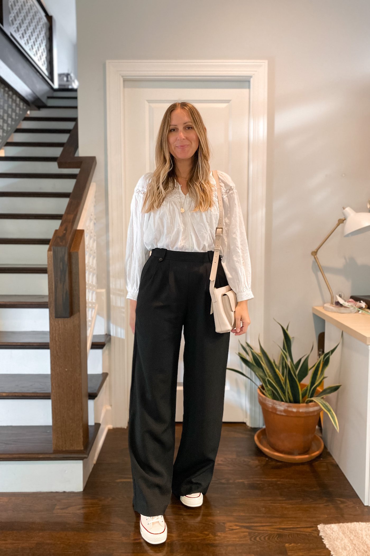Chic Black Wide Leg Trousers with a Lace Blouse — Wide Leg Pants Outfits