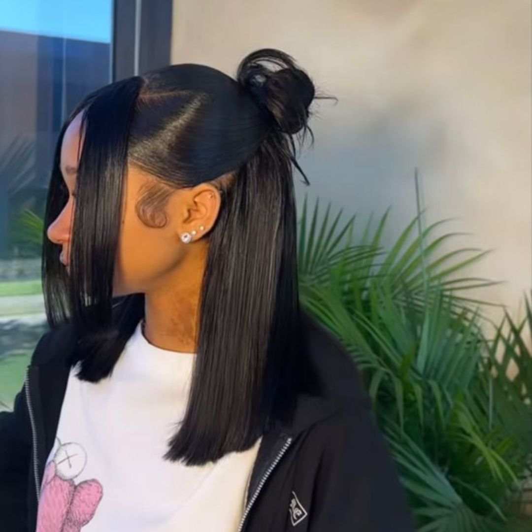 Black Bob Chin Top Knot Black Bob Chin Top Knot — Sleek Half Up Half Down