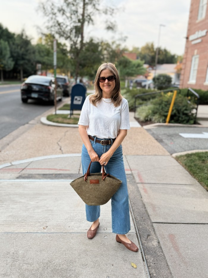 Woven Ballet Flats and Wide-Leg Cropped Jeans with a Straw Tote — Ballet Flats with Jeans Outfits