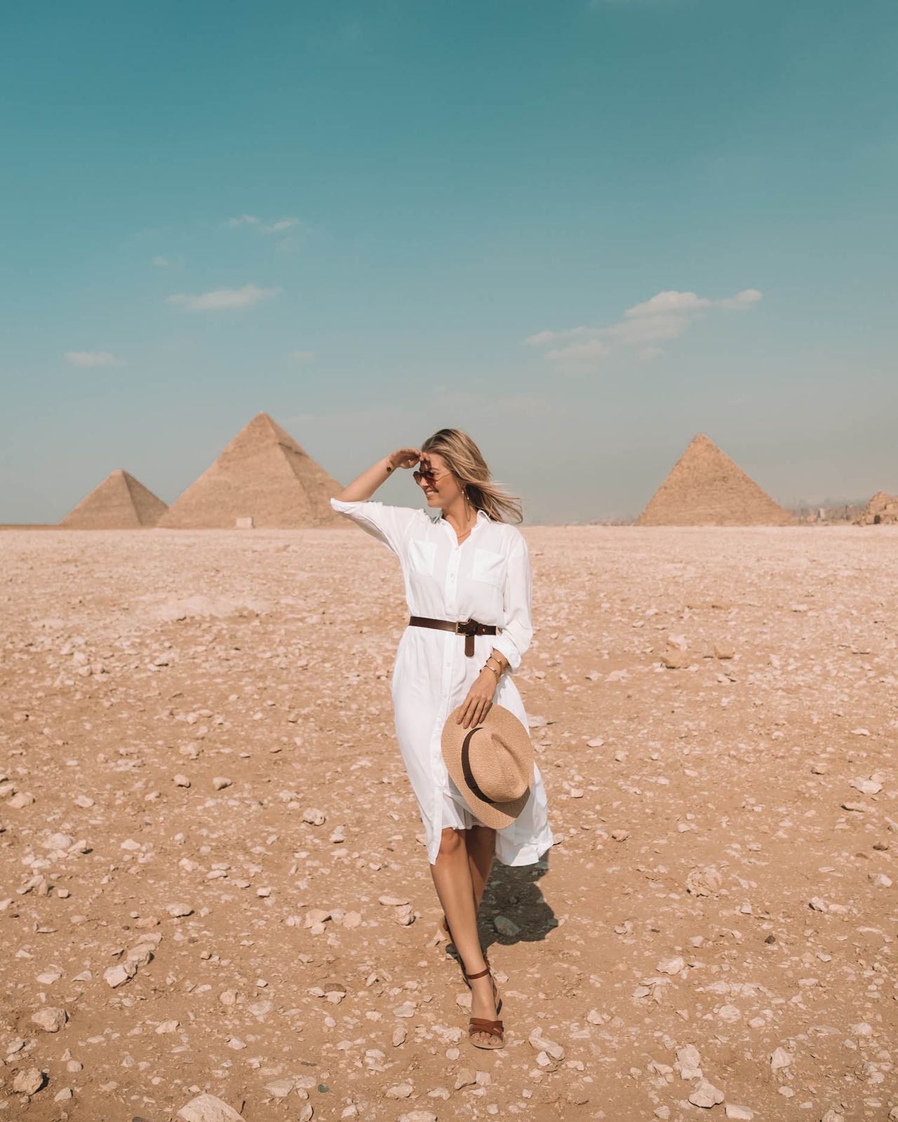 White A-Line Midi Dress with Brown Belt and Sandals White A-Line Midi Dress with Brown Belt and Sandals — Egypt Outfits