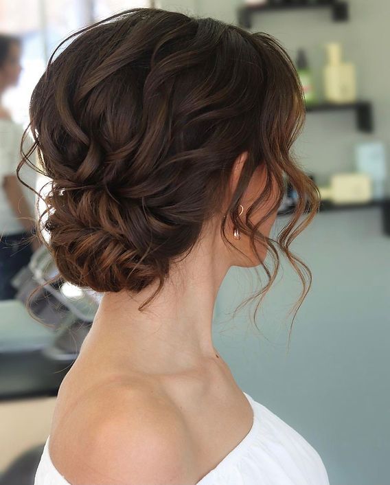 Messy Dark Brown Bun with Curtain Bangs — Wedding Low Bun
