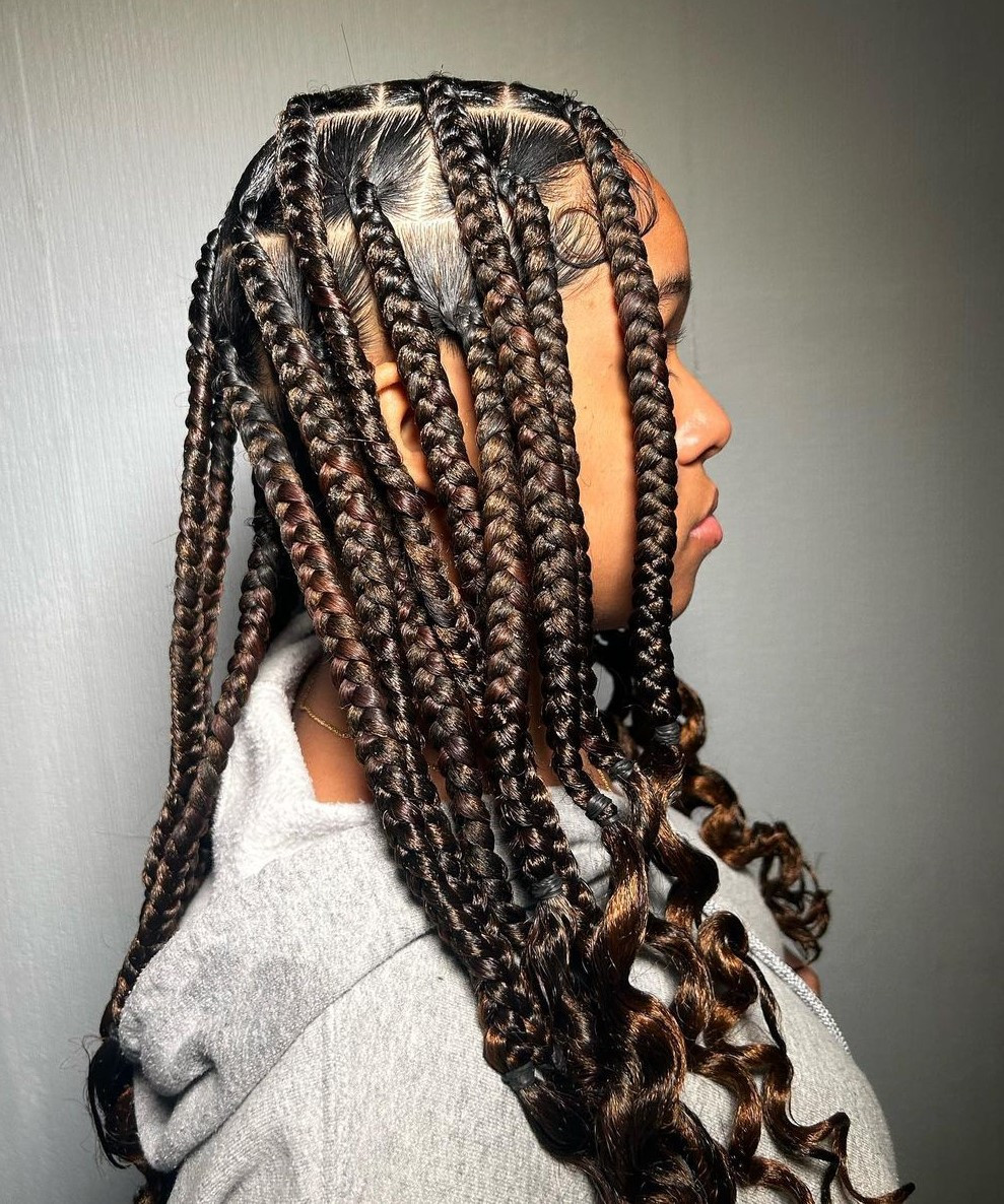 Large Knotless Braids with Lighter Brown Highlights — Knotless Braids with Curls