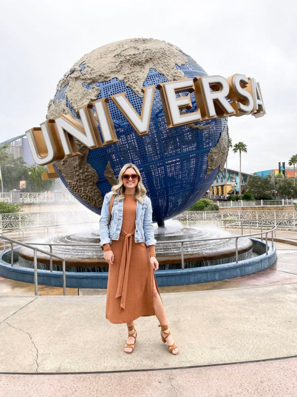 Denim Jacket and Rust Dress for Theme Park Adventures — Orlando Outfits