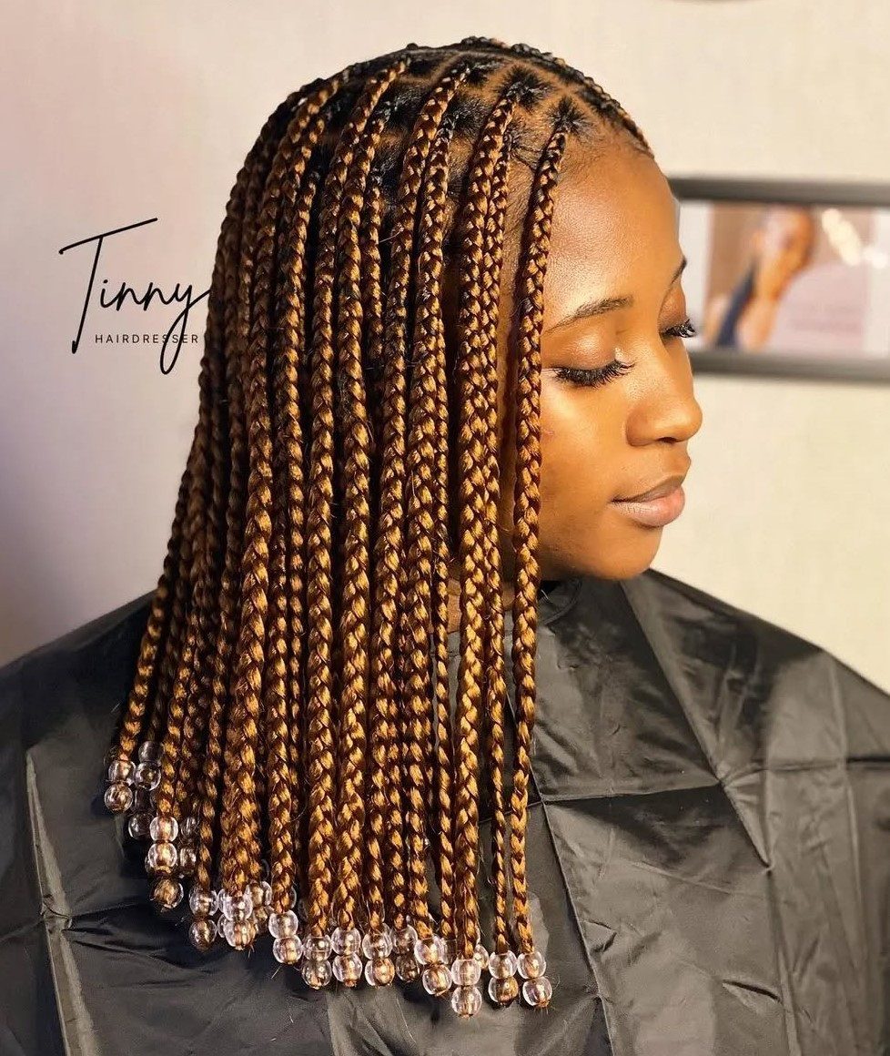 Bob Length Knotless Braids with Beads — Brown Knotless Braids