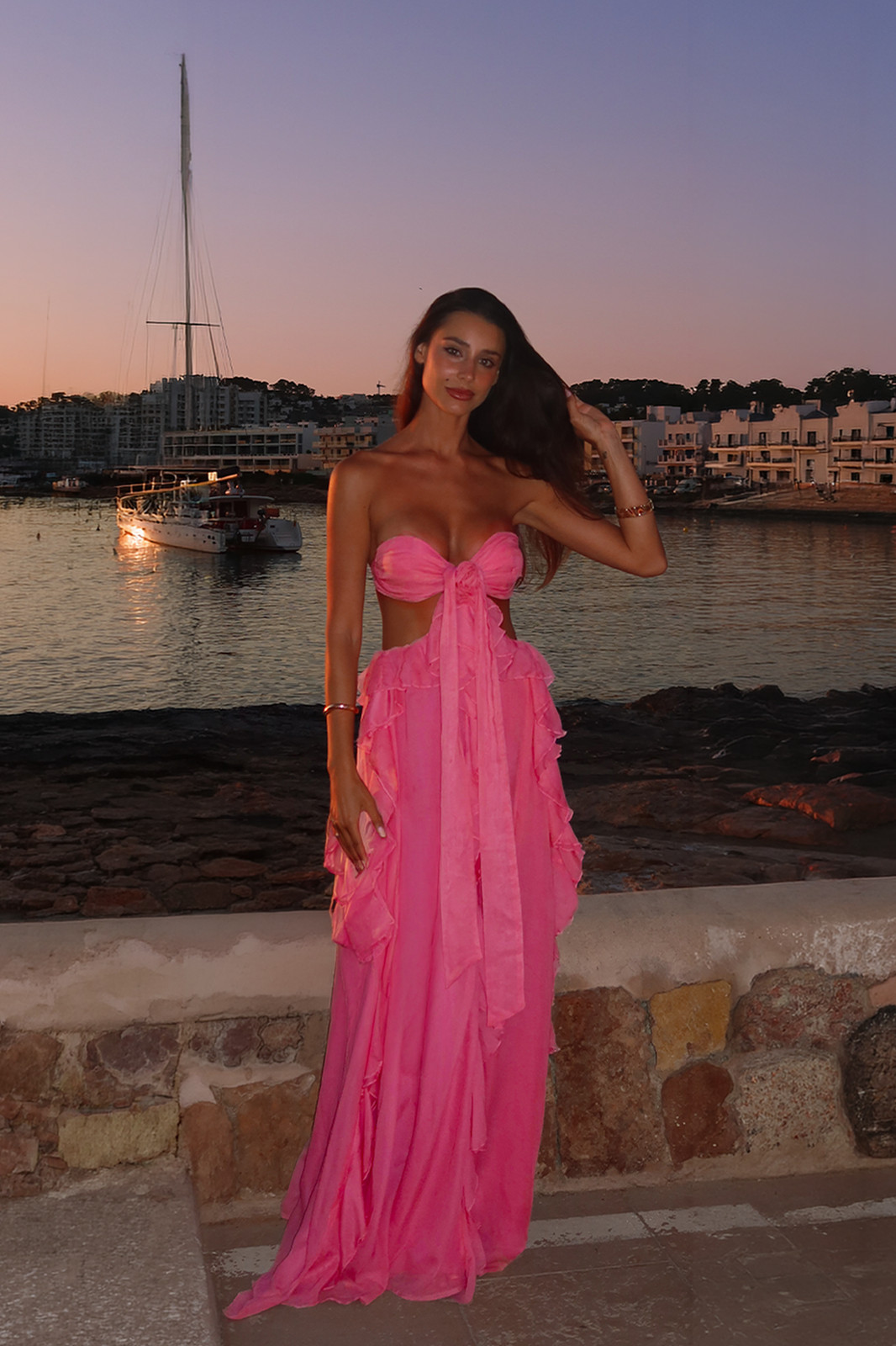Bright Pink Strapless Maxi Dress with Tiered Ruffle Skirt and Cutouts Bright Pink Strapless Maxi Dress with Tiered Ruffle Skirt and Cutouts — Cutout Dresses