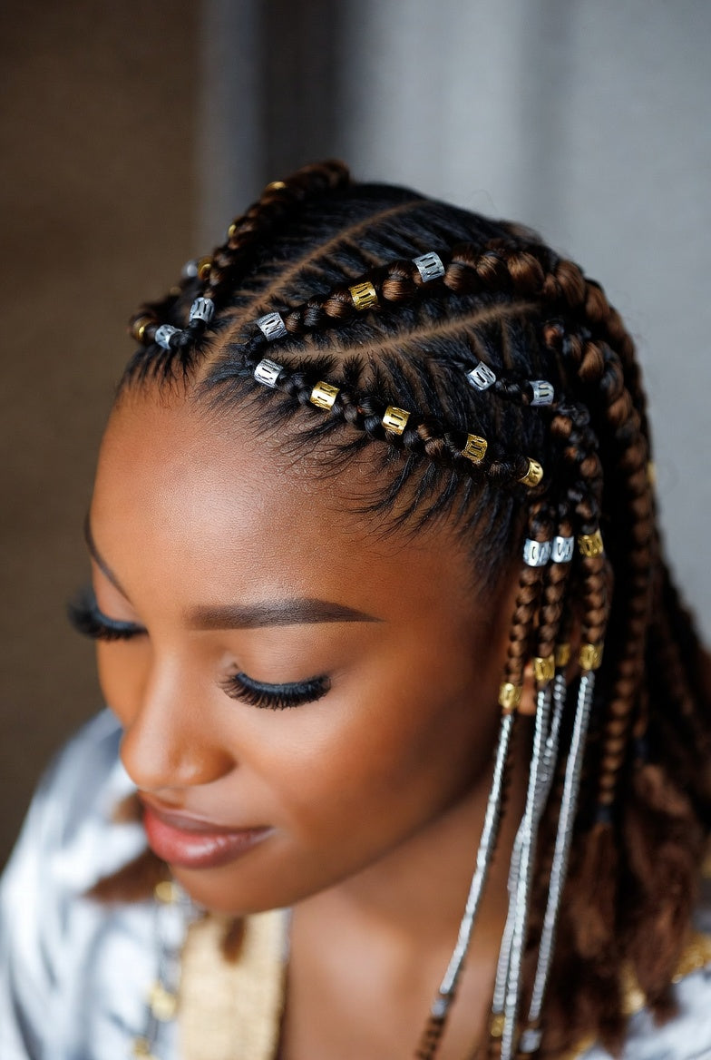 Dark Brown Fulani Braids With Metallic Accents