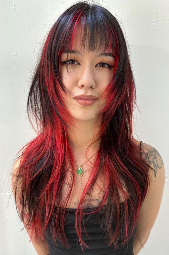 Black With Fiery Red Highlights And Blunt Bangs — Long Wolf Cut