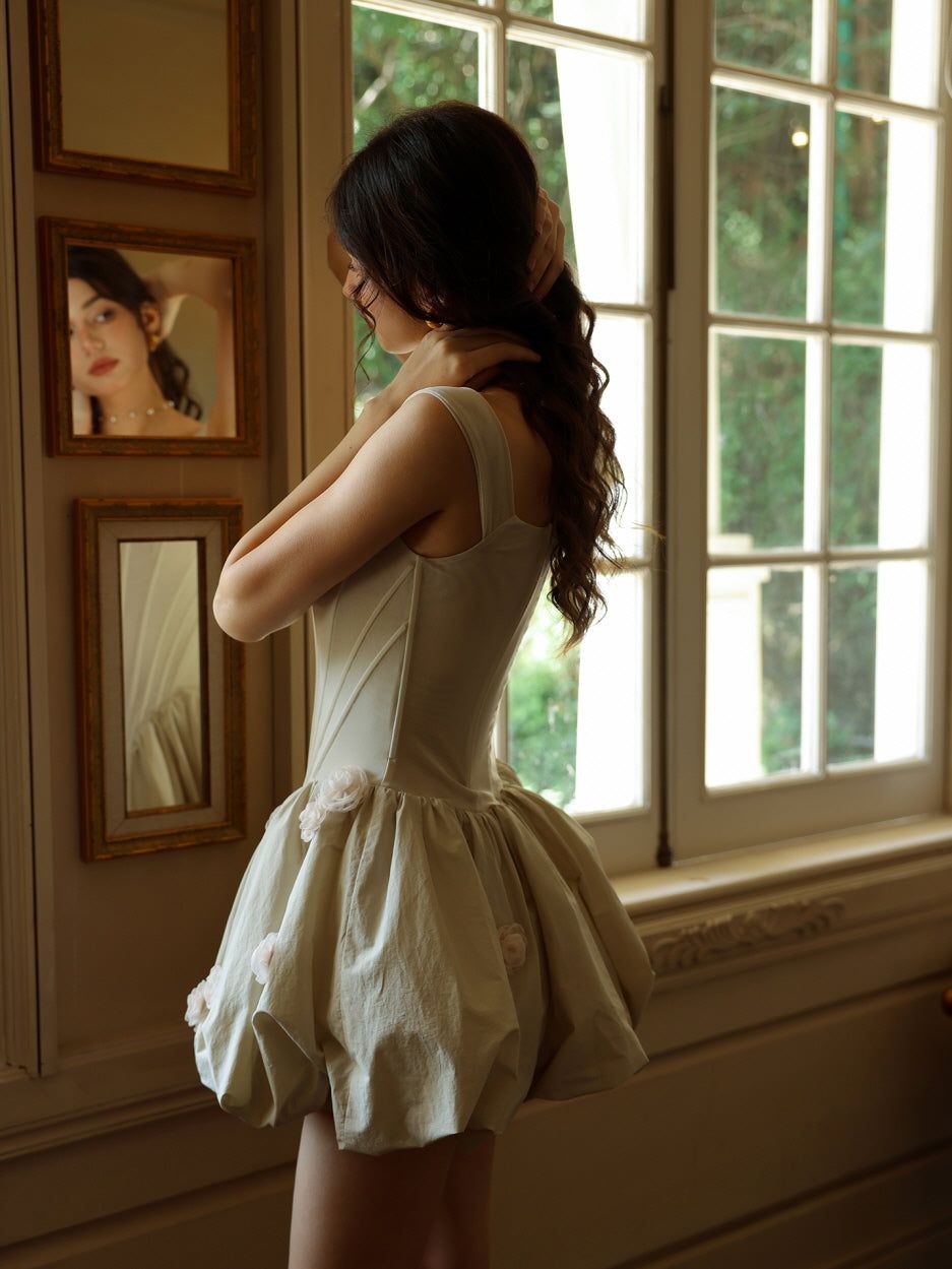 Cream Corset Dress with Textured Fabric and Floral Bubble Hem — Bubble Hem Dresses