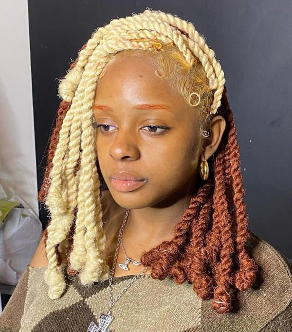 Blonde and Brown Twisted Shoulder-Length Braids — Two Tone Braids