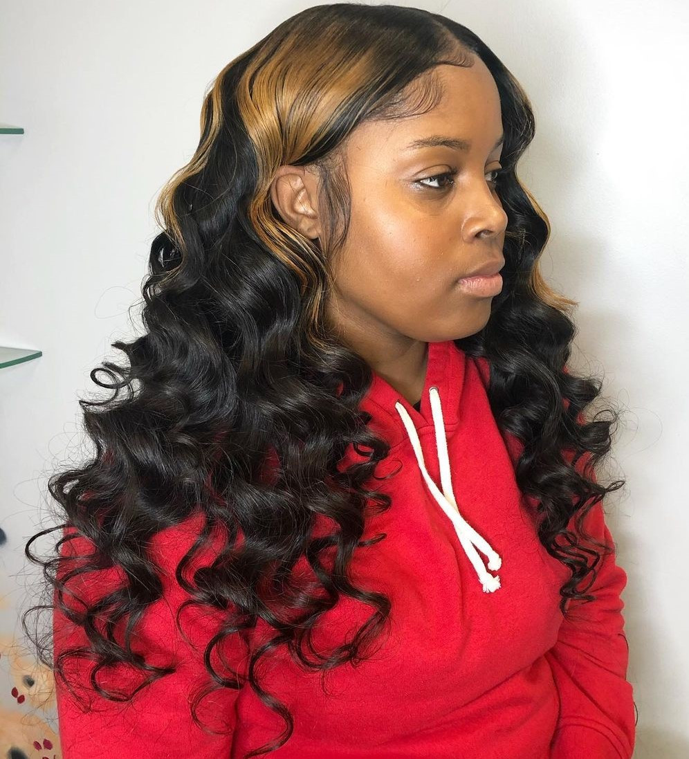 Mid-Back Curls with Blonde Highlights Mid-Back Curls with Blonde Highlights — Curly Sew In