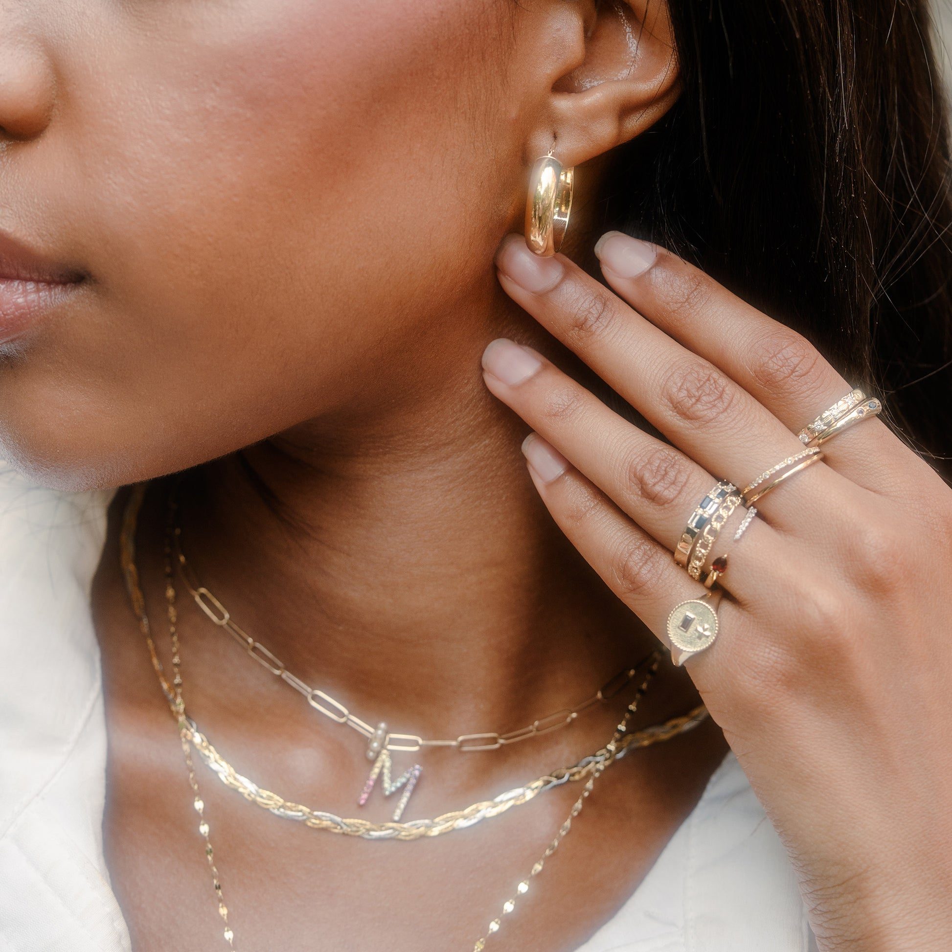 Layered Gold Necklaces and Hoop Earrings with Neutral Top Layered Gold Necklaces and Hoop Earrings with Neutral Top — Gold Jewelry