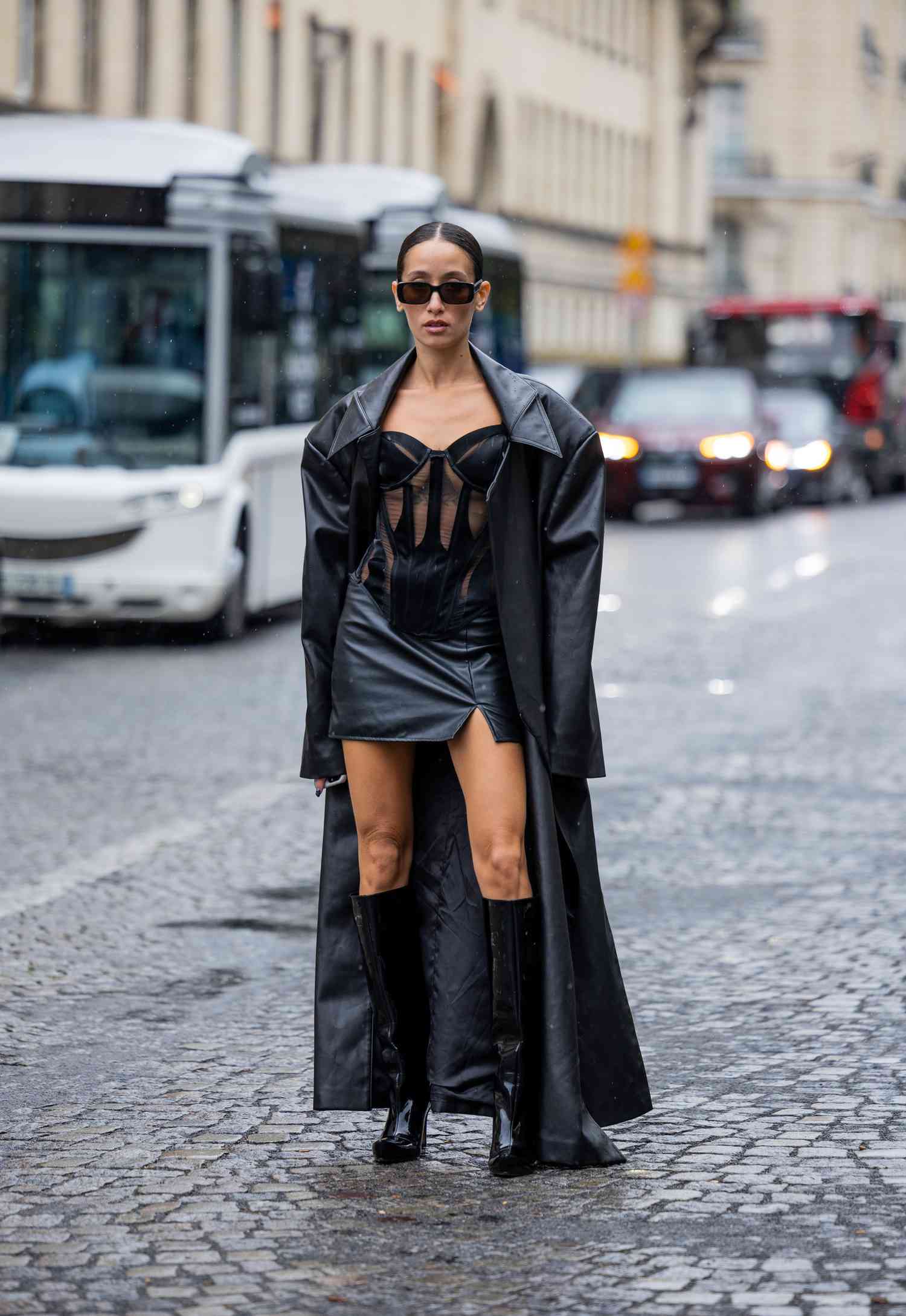 Monochromatic Edge: Sheer Corset with Leather Skirt — Corset Outfits