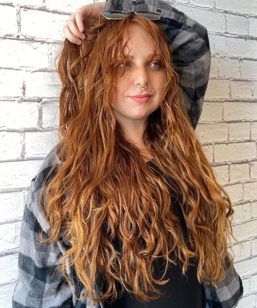 Vibrant Copper Perm With Curtain Bangs Vibrant Copper Perm With Curtain Bangs — Perms for Long Hair