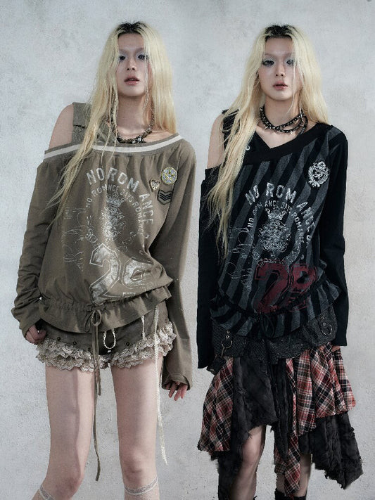 Graphic Off-Shoulder Top and Lace Shorts for a Relaxed Fit Graphic Off-Shoulder Top and Lace Shorts for a Relaxed Fit — Fairy Grunge Outfits