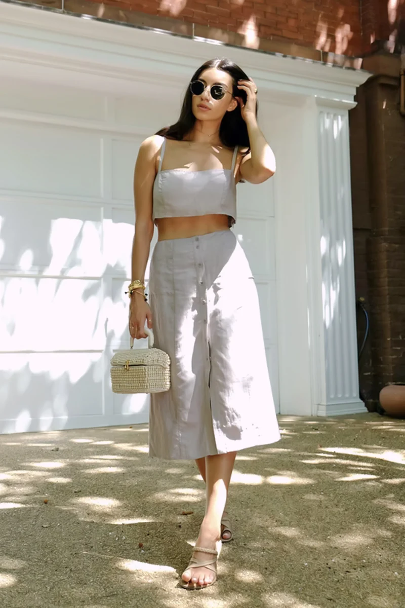 Light Grey Linen-Like Set with Wide-Leg Culottes for Summer Light Grey Linen-Like Set with Wide-Leg Culottes for Summer — Two Piece Outfits