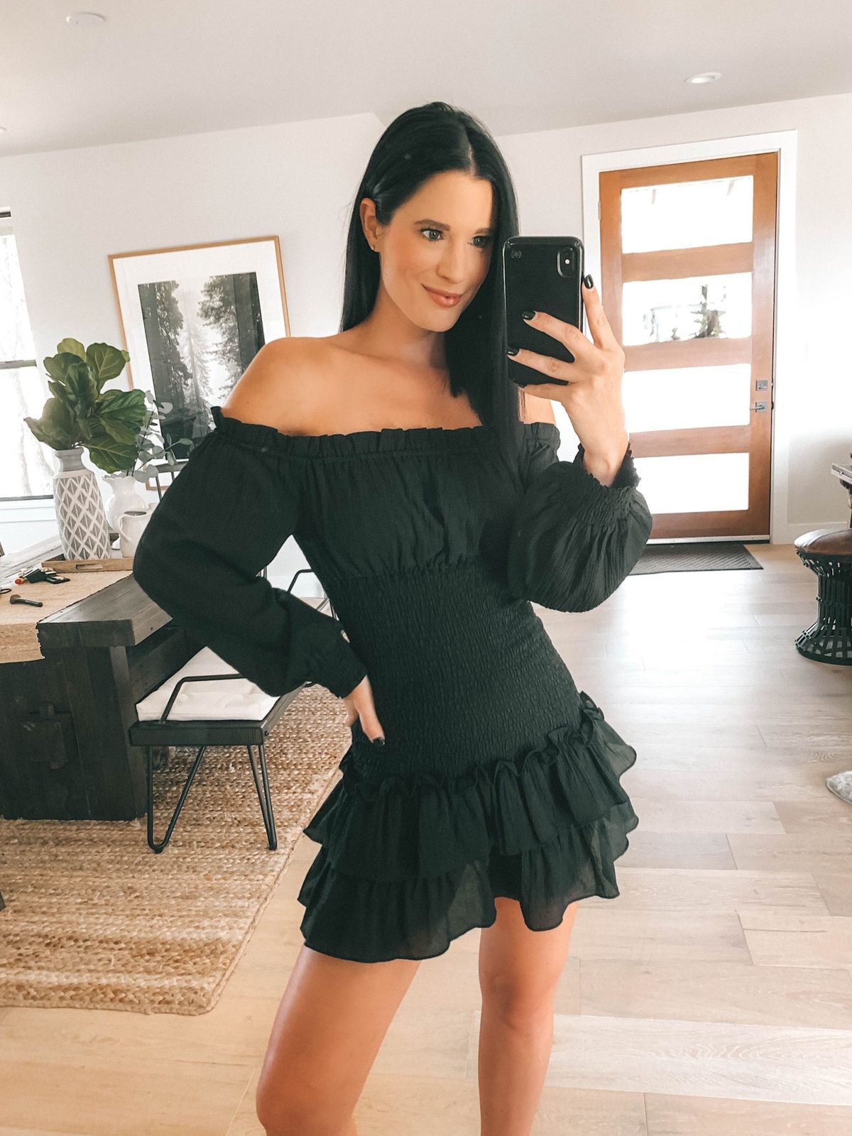 Black Off-the-Shoulder Smocked Mini Dress with Ruffled Tiers — Princess Polly Outfits